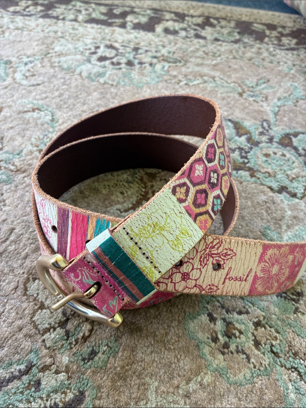 Vintage Fossil patchwork boho multi-pattern leather belt Large
